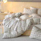 Plaid Duvet Cover Set Washed Cotton,Queen(90"x90"),Multicolor Gingham