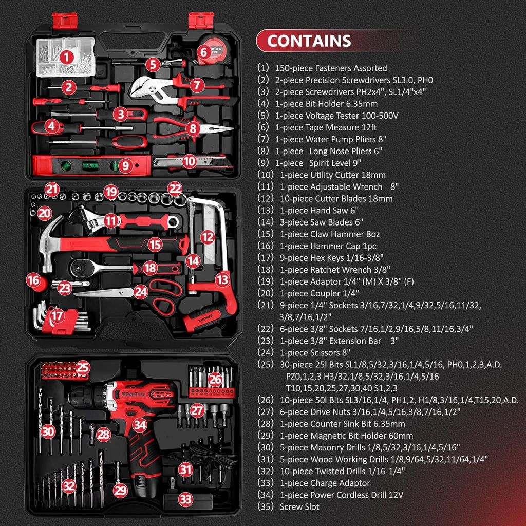 KingTool 276-Piece Tool Set Kit with 12V Cordless Power Drill (Red Black)