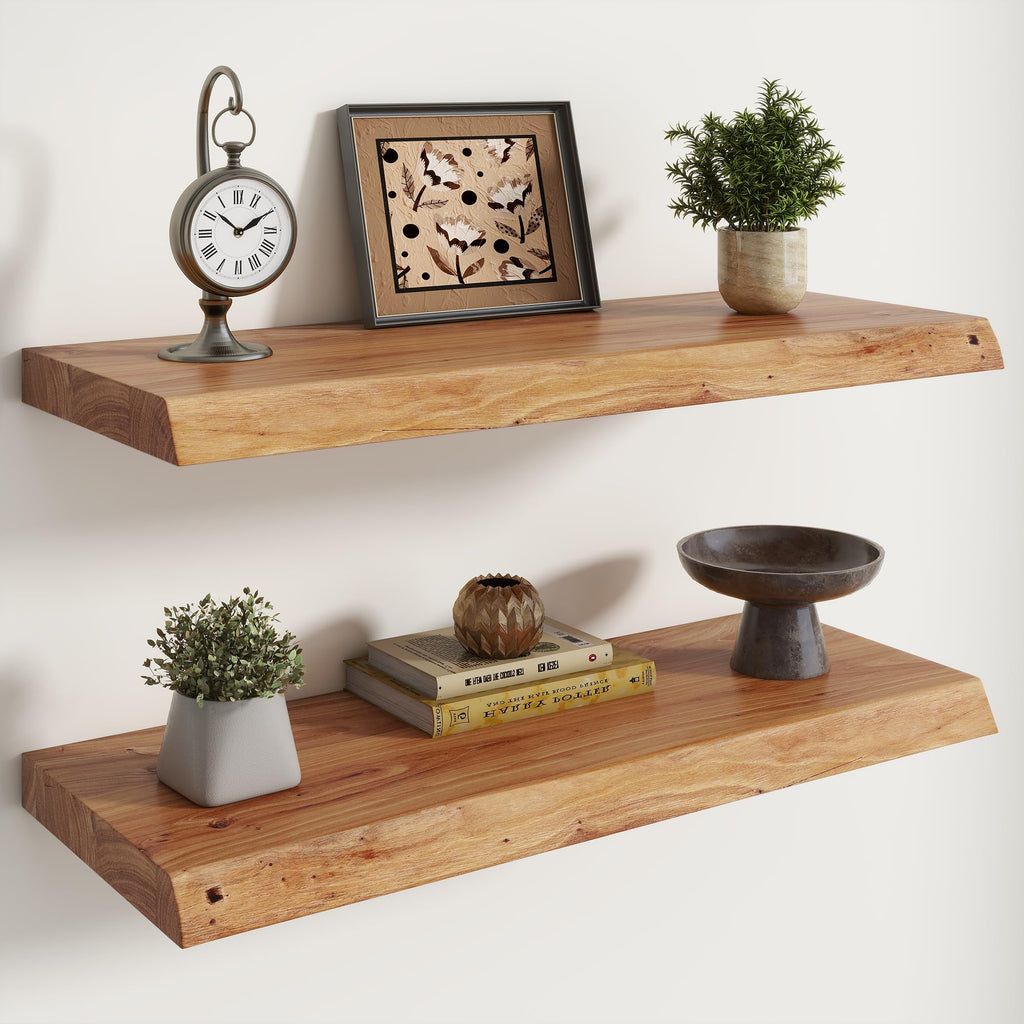Live Edge Elm Floating Shelves - 24 In Rustic Solid Wood Shelves with Heavy-Duty Invisible Bracket, Wall-Mounted Wooden Shelf for Living Room, Bathroom, Kitchen Storage & Display, Set of 2, Natural