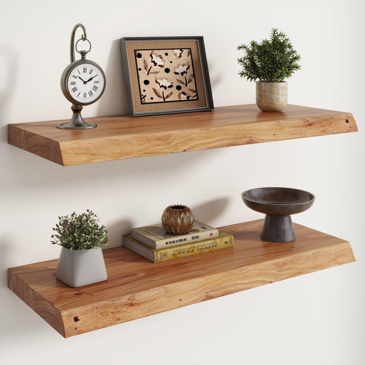Live Edge Elm Floating Shelves - 24 In Rustic Solid Wood Shelves with Heavy-Duty Invisible Bracket, Wall-Mounted Wooden Shelf for Living Room, Bathroom, Kitchen Storage & Display, Set of 2, Natural