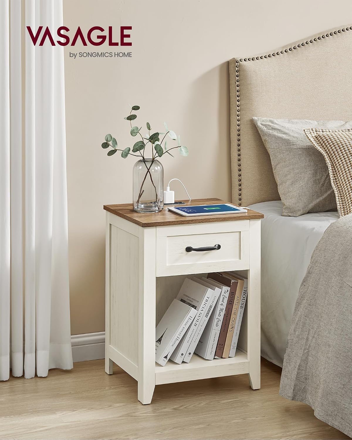VASAGLE Farmhouse Nightstands with Charging Station, 1 Drawer, Set of 2