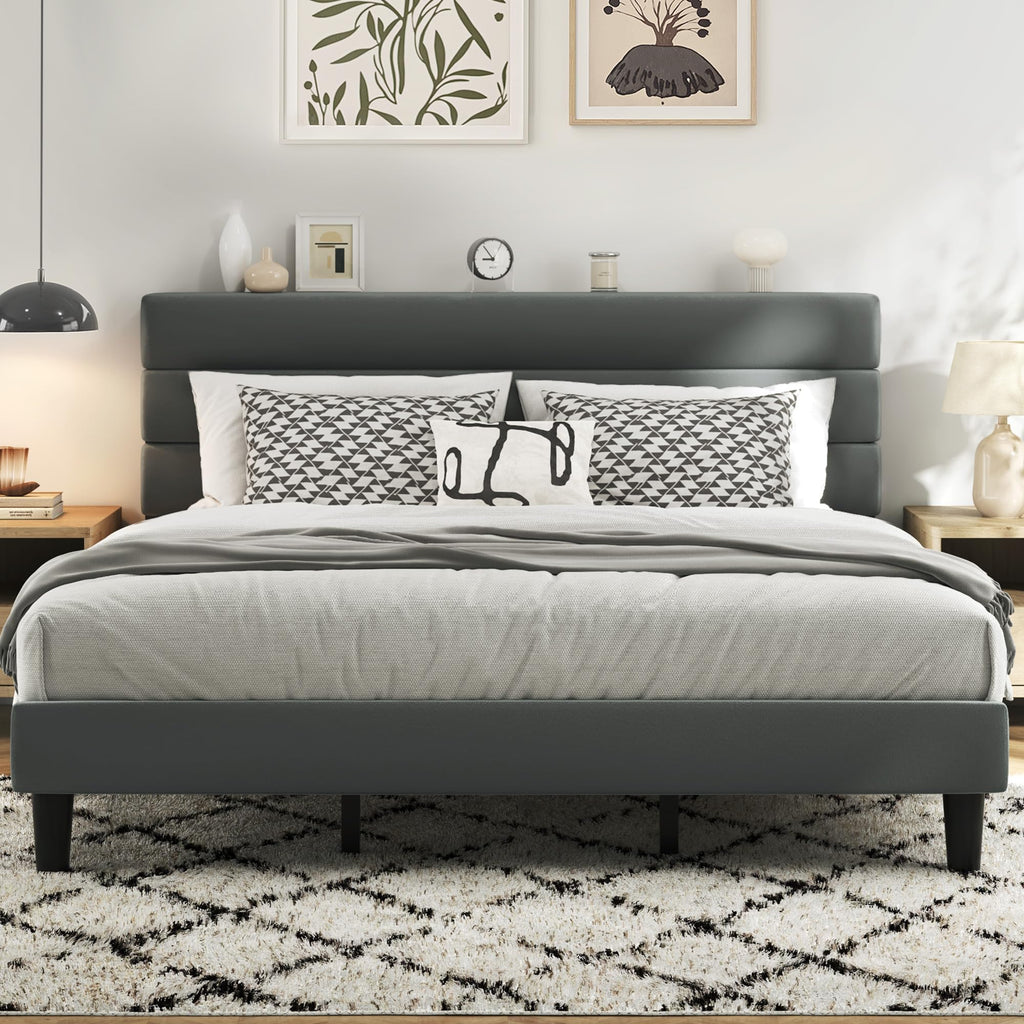 Fluest King Size Bed Frame, Platform Bed Frame with Velvet Upholstered Headboard, No Box Spring Needed, Sturdy Metal Support, Noise Free, Easy Assembly, Beige