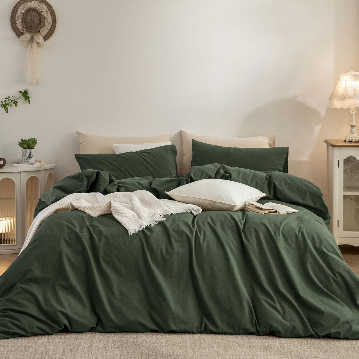 Duvet Cover Set Washed Cotton Embroidered Hem King 3‑Pcs
