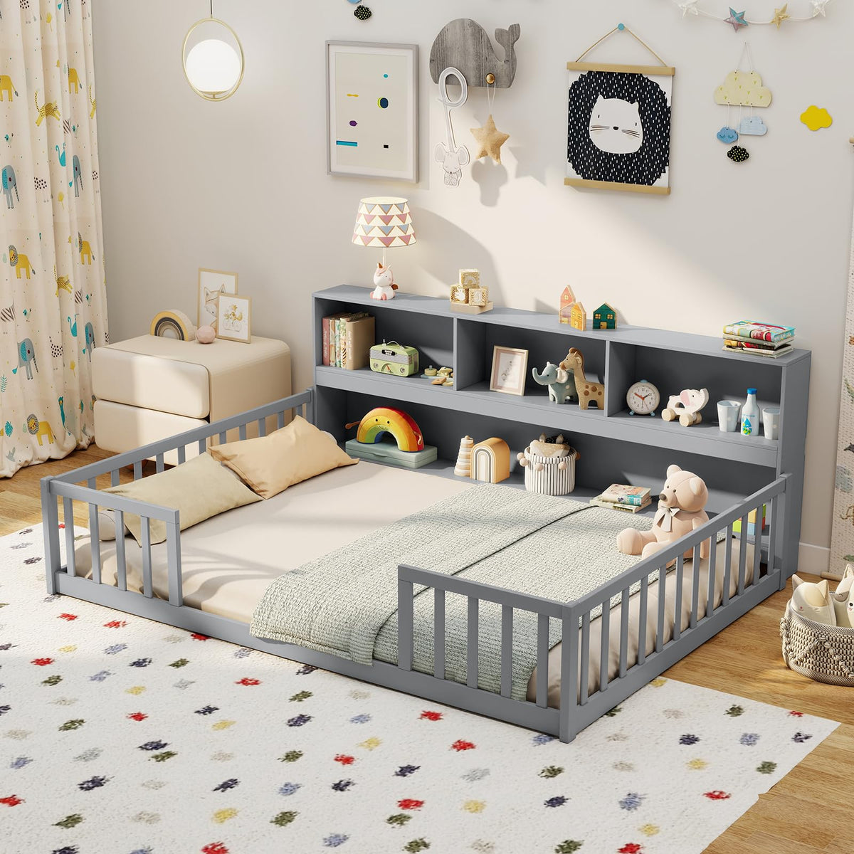 GIANTEX Full Size Floor Bed for Kids, Wooden Montessori Bed Frame with Bookcase, Storage Shelves & Safety Fence Rails, Floor Beds Full for Girls, Boys, No Box Spring Needed, Without Slats, Natural