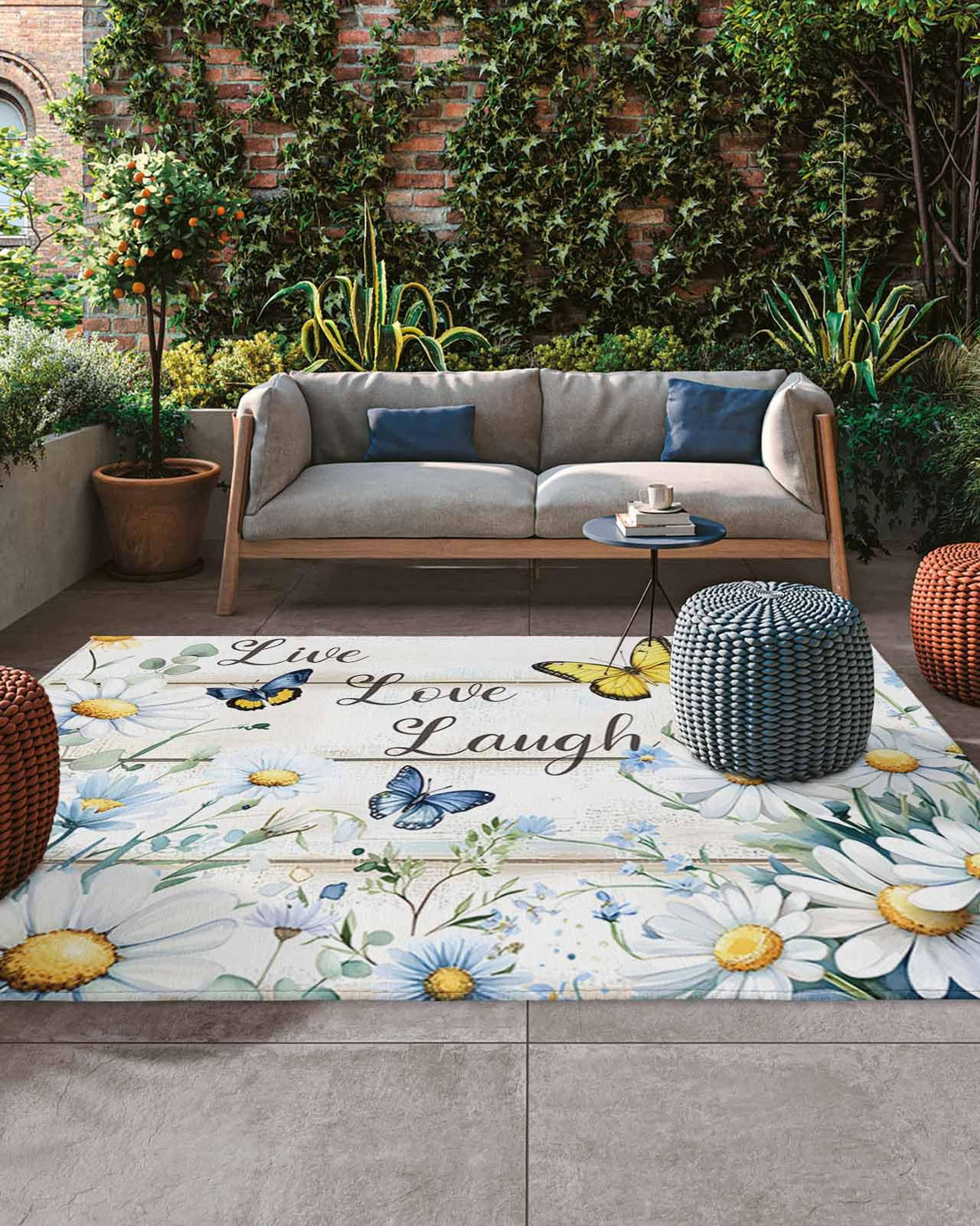 Summer Daisy Butterfly Outdoor Rug 5x8ft, Waterproof Indoor Outdoor Rug for Patio, Farmhouse Flowers Wooden Camping Carpet Mat Outside Area Rug for RV Picnic Beach Balcony Deck Backyard