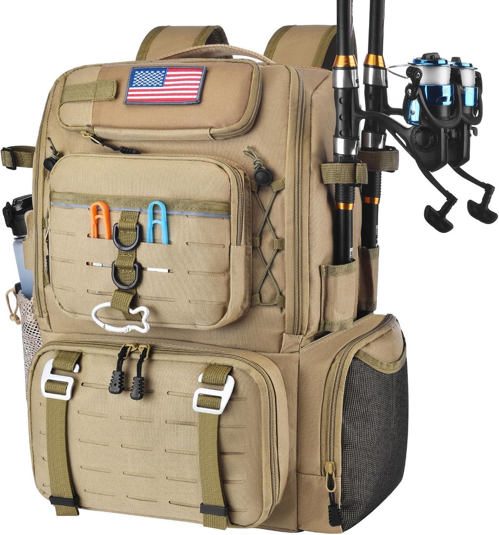 29L Multi-Compartment Fishing Tackle Backpack with 4 Rod Holder, Integrated Cooler and Rain Cover