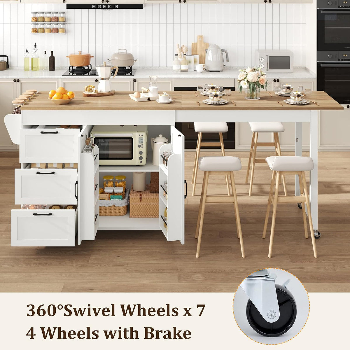 St.Mandyu 47”- 90” Flip-Top Kitchen Island with Extendable Dining Table, Mobile Rolling Storage Kitchen Cart with 3 Drawers & Spice Rack, Multi-Functional Bar Island Table Seats 2-4, White