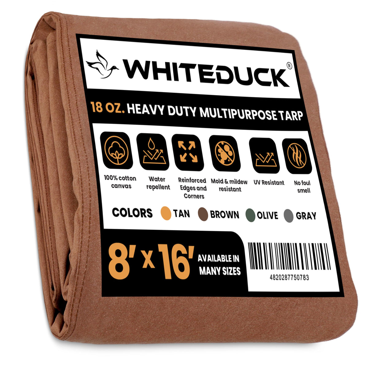 WHITEDUCK Canvas Tarp 18 oz. Heavy Duty Water Repellent UV Resistant, Rustproof Grommets, Industrial & Commercial Use Cloth Tarp (Cut Size: 8'x12', Finished Size: 7'6"x11'6", Olive Drab)