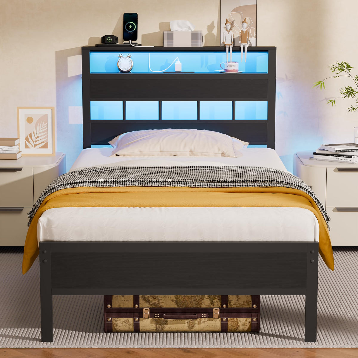 Furnulem Full Size Bed Frame, Storage Headboard, LED & Charger, Black Oak