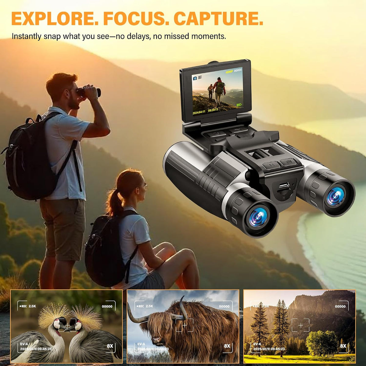 Binoculars with Camera Built in – 12x32 HD Zoom, 2" LCD Display, 48MP Photos & 2.5K Video, Ideal for Bird Watching, Concerts & Outdoor Adventures, Includes 32GB SD Card & Tripod