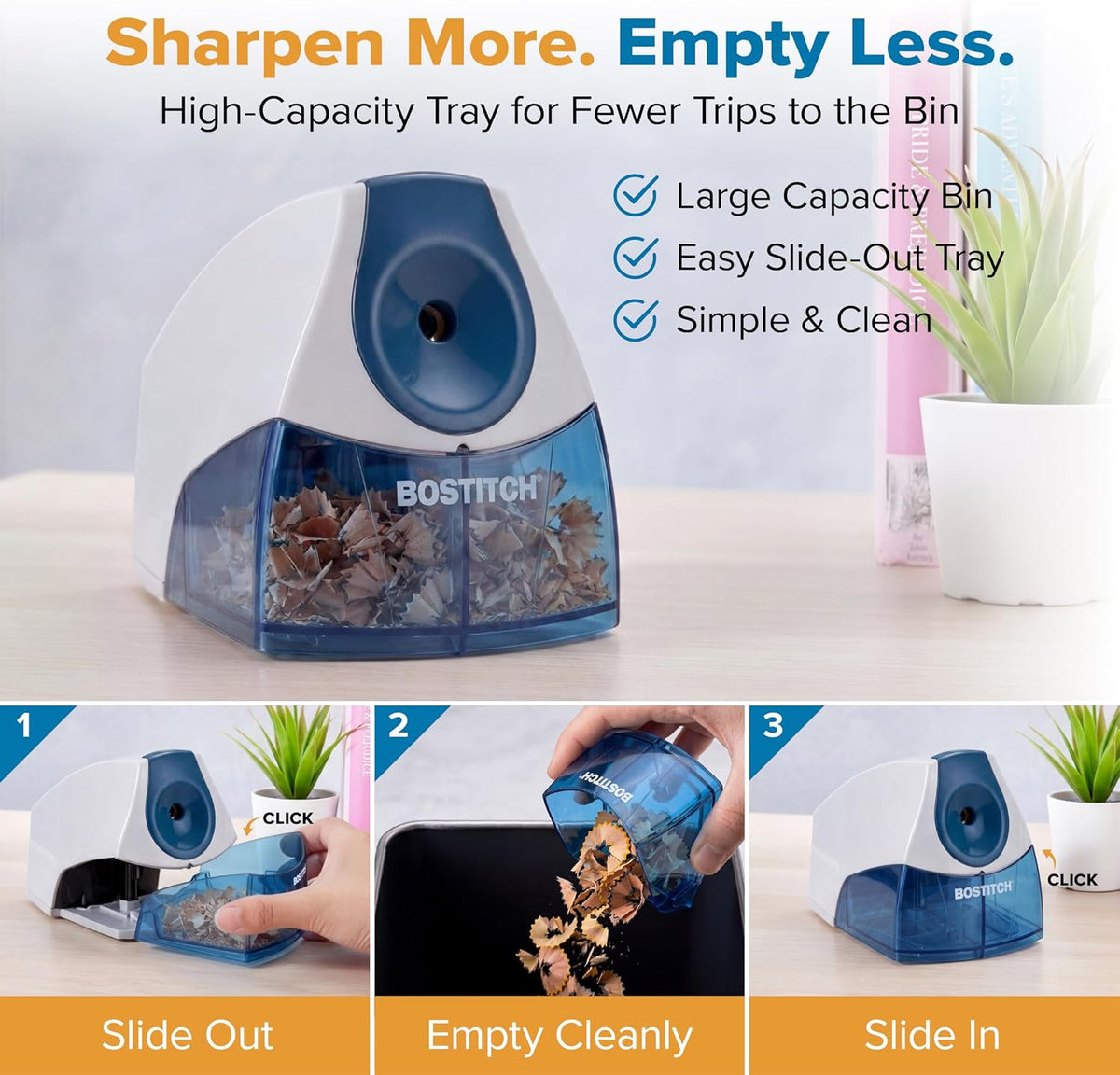 Bostitch Office Electric Pencil Sharpener for Classroom & Desk Use, Heavy-Duty Stall-Free Motor, High-Capacity Shavings Tray, Blue (Pack of 6)