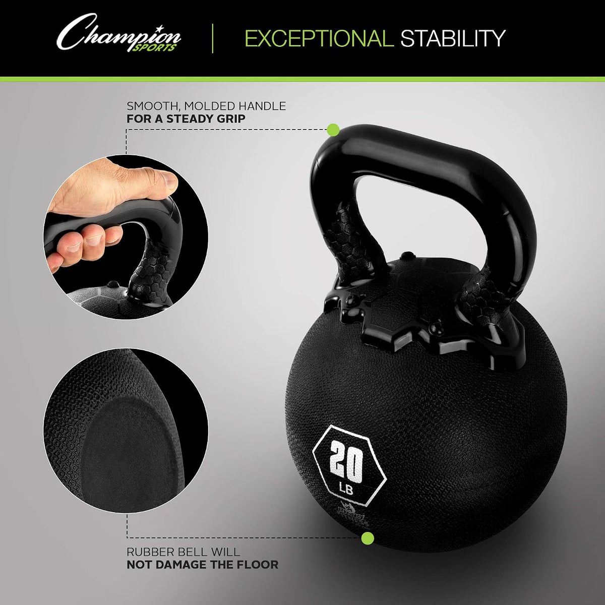 Champion Sports Rhino Kettlebell Rubber Weights, Black - Premium Strength Training Equipment - Multiple Weights