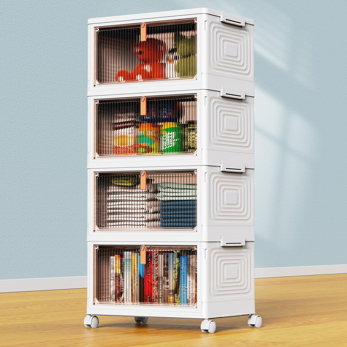YFXCVSL 4 Tier Plastic Storage Bins with Lid 102QT, Stackable Storage Containers with Wheels, Folding Storage Boxes, Stackable Storage Bins, Organizers and Storage for Living Room