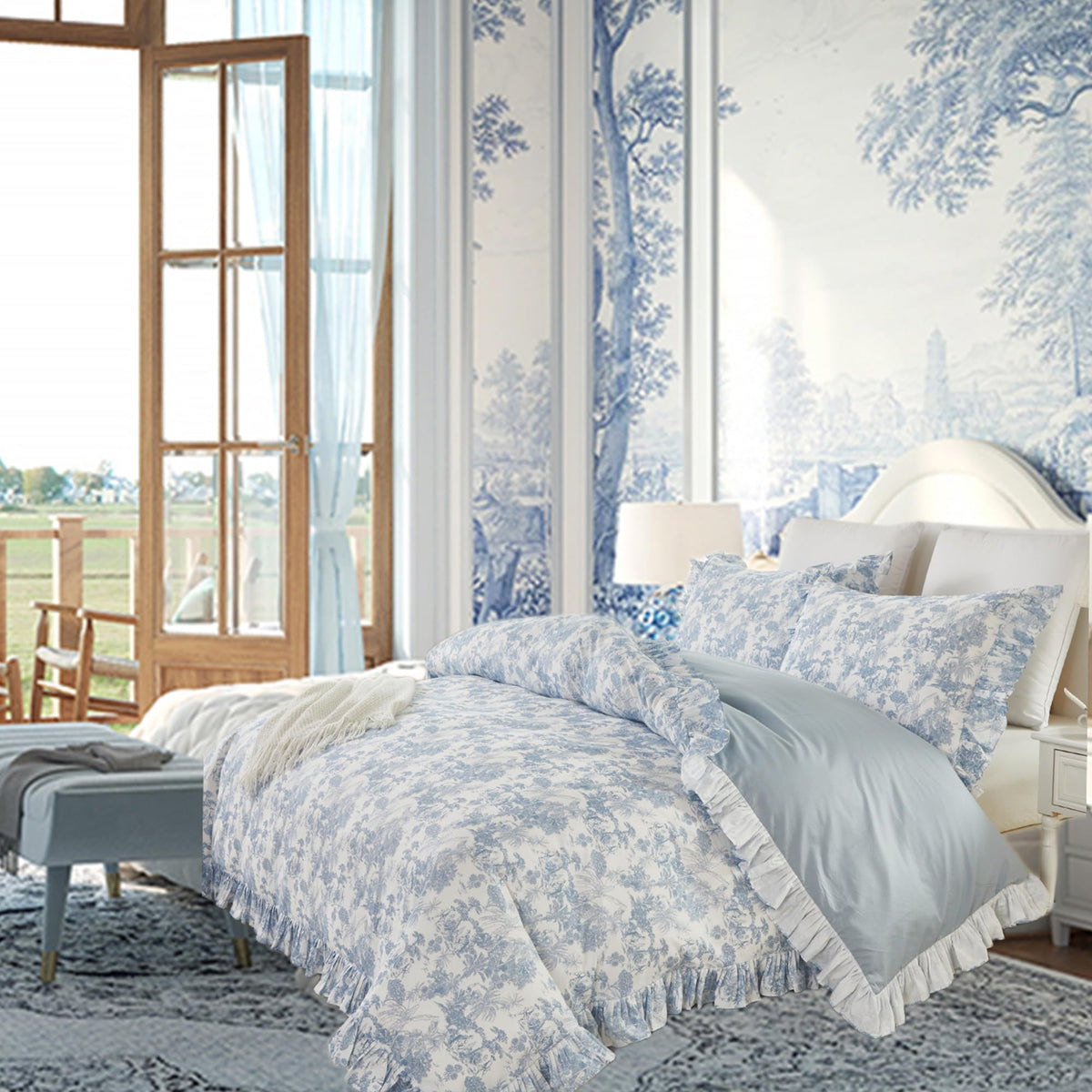 Brandream French Country Toile Queen Duvet Cover Set for Girl Women Bedroom Vintage Pink Toile Floral Print 100% Cotton Duvet Quilt Comforter Cover Pillow Shams Set with Delicate Ruffle Fringe