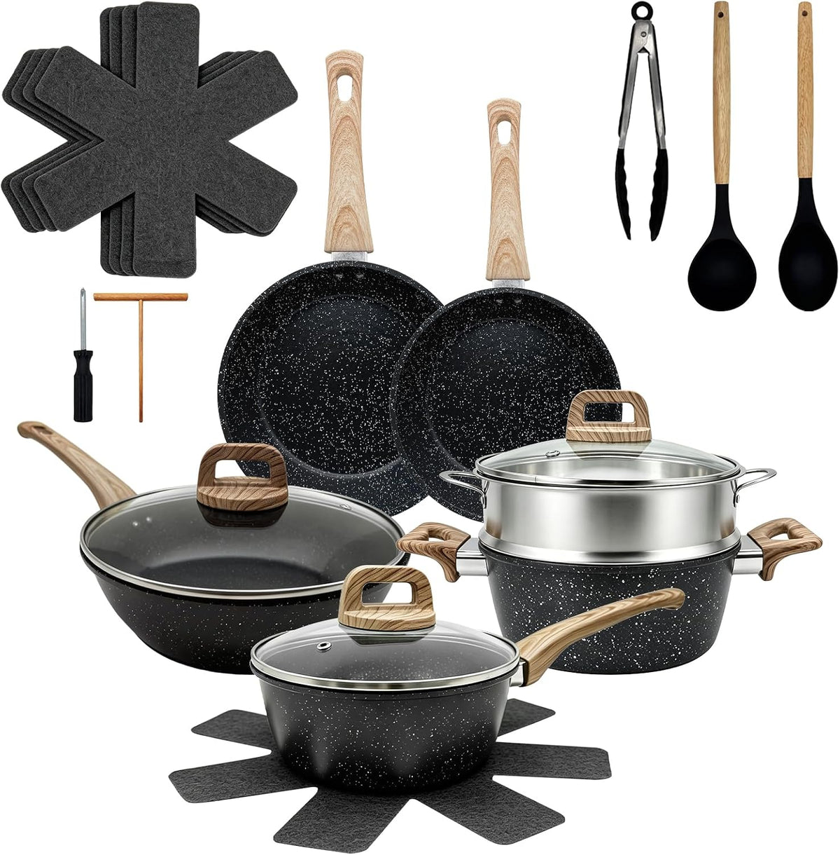 18Pcs Nonstick Cookware Set With Handles, Black Sauce Pots Pans Set,Includes Steamer Silicone Kitchenware, Pan Protectors,Frying Egg Pans，For Induction Cooktops，Easy Clean（Black Sleek Style）