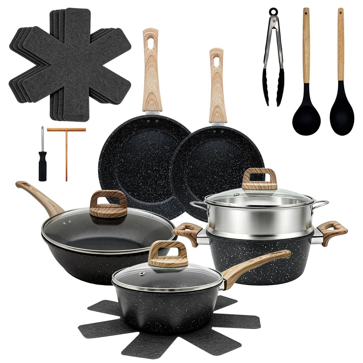 16 Piece Black Ceramic Sauce Pots and Pans Set, Nonstick Cookware Set with Lids,Fish Scale Kitchen Utensils, Healthy Ceramic Cooking Set, Induction Compatible, Dishwasher Safe, PFOA & PFAS Free