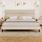 GRUSIGN King Size Platform Bed Frame with Velvet Headboard, Adjustable Height Wooden Slats Support, Upholstered Mattress Foundation, Fits Mattress or Mattress with Box Spring, Easy Assembly, Beige
