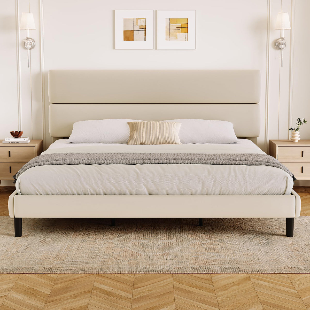 GRUSIGN King Size Platform Bed Frame with Velvet Headboard, Adjustable Height Wooden Slats Support, Upholstered Mattress Foundation, Fits Mattress or Mattress with Box Spring, Easy Assembly, Beige
