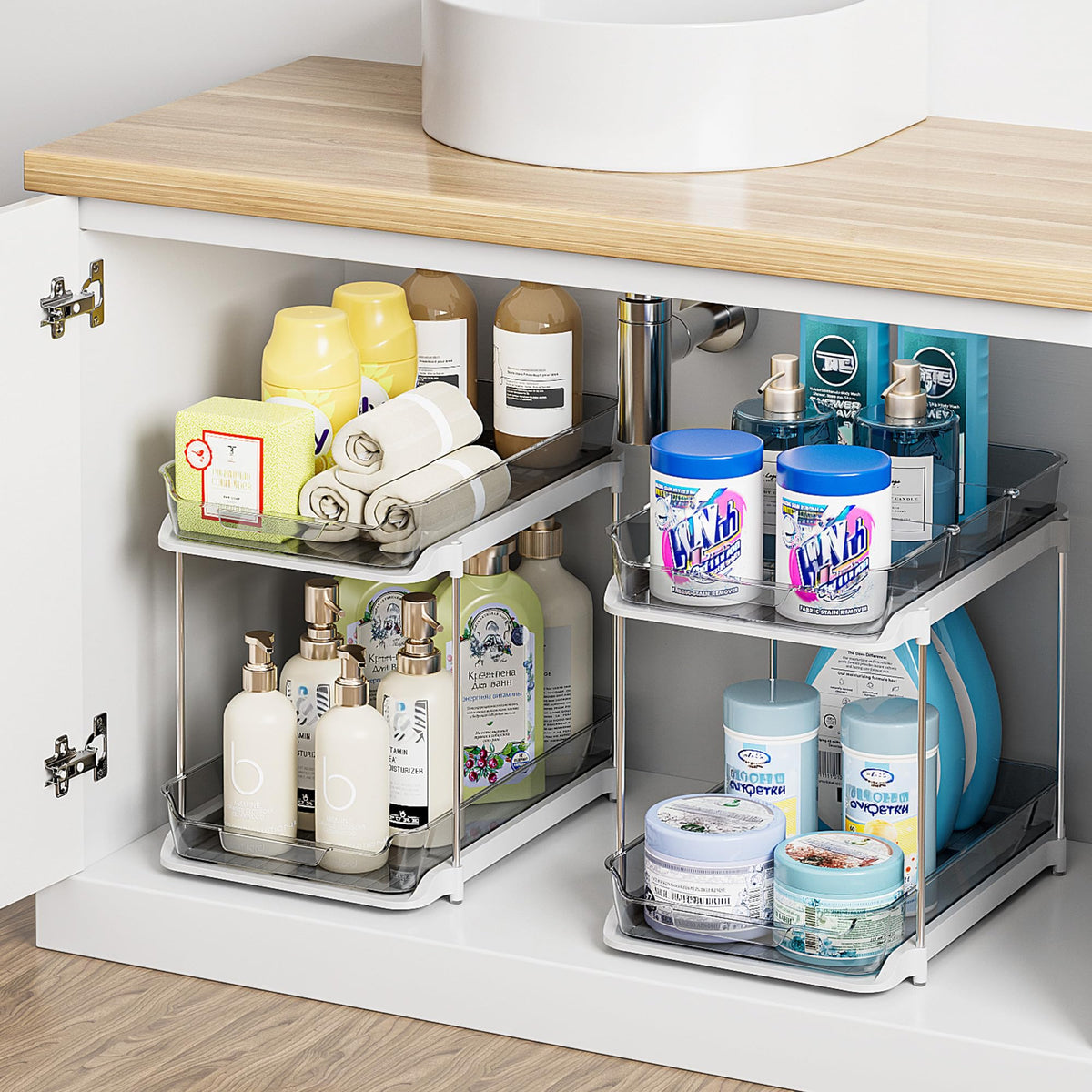 Delamu 2-Tier Multi-Purpose Bathroom Under Sink Organizers and Storage, Stackable Kitchen Pantry Organization, Pull Out Medicine Cabinet Organizer with Movable Dividers, White, 4Pack