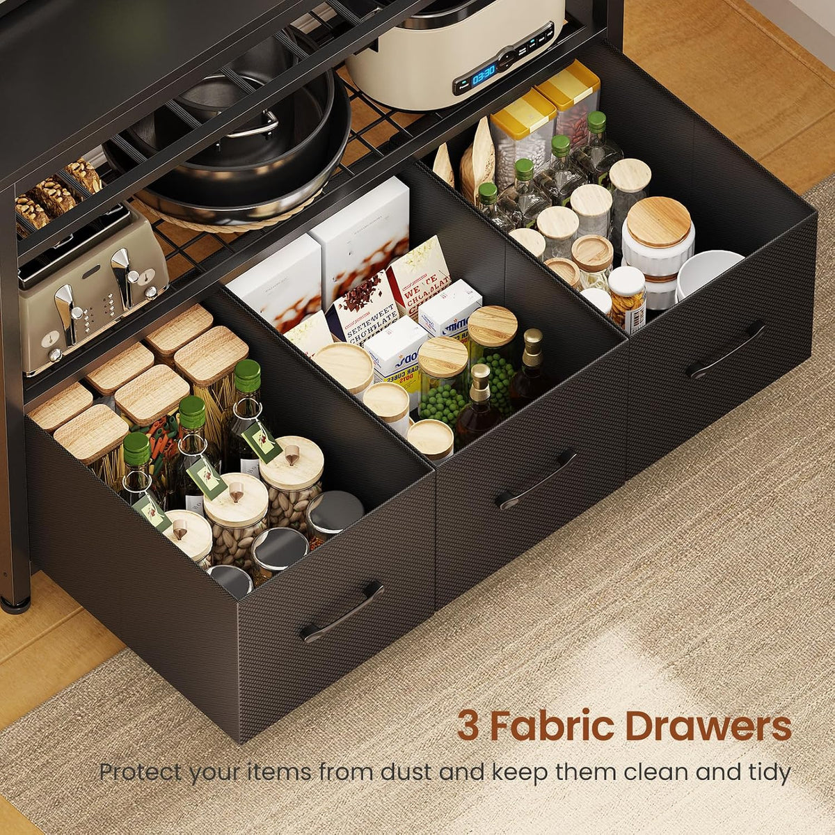 Itaar Bakers Rack with Storage and Power Outlet, 35.4 inch Coffee Bar Cabinet, Microwave Stand Kitchen Cabinet with Hutch, LED Lights, Wine Rack and Hooks (Black)