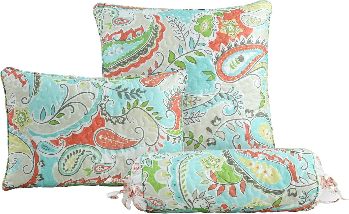 Cozy Line Home Fashions Turquoise Blue Coral Floral Leaf Reversible Quilt Bedding Set, Coverlet Bedspread Lightweight for All Seasons (Mirage Paisley, King - 6 Piece)