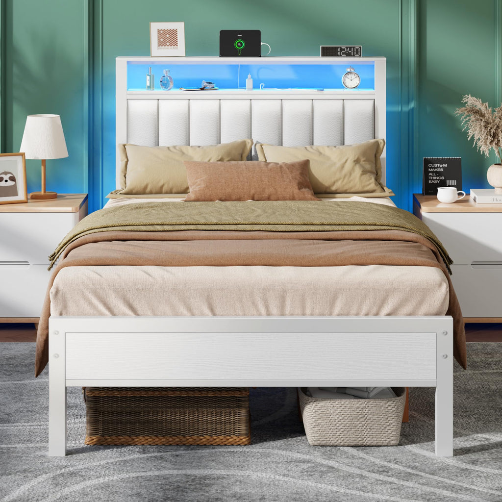 Furnulem Full Size Bed Frame with Charging Station and LED Lights