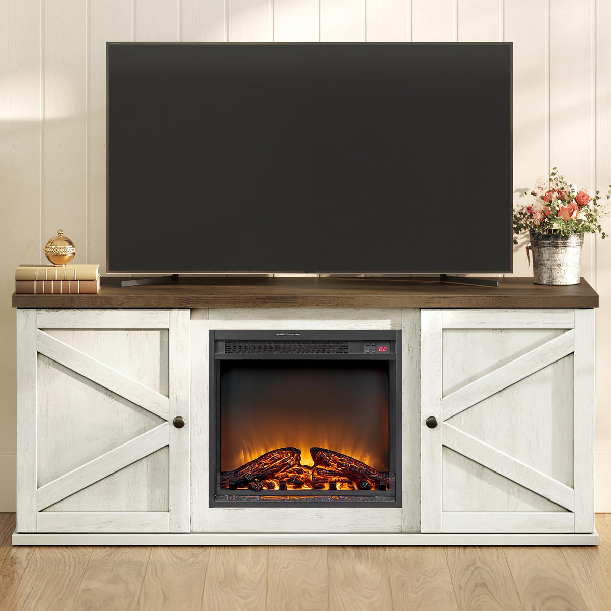 VASAGLE Farmhouse TV Stand for 65'' TV, Media Console, Sliding Barn Doors