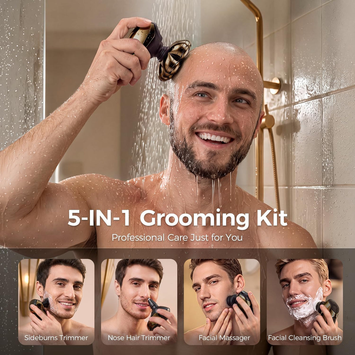 SHPAVVER Head Shavers for Bald Men: 5-in-1 Grooming Kit - 7D Floating Magnetic Removable Head Electric Razor - IPX7 Wet/Dry Shaving with LED Display, Type-C Fast Charging for Travel