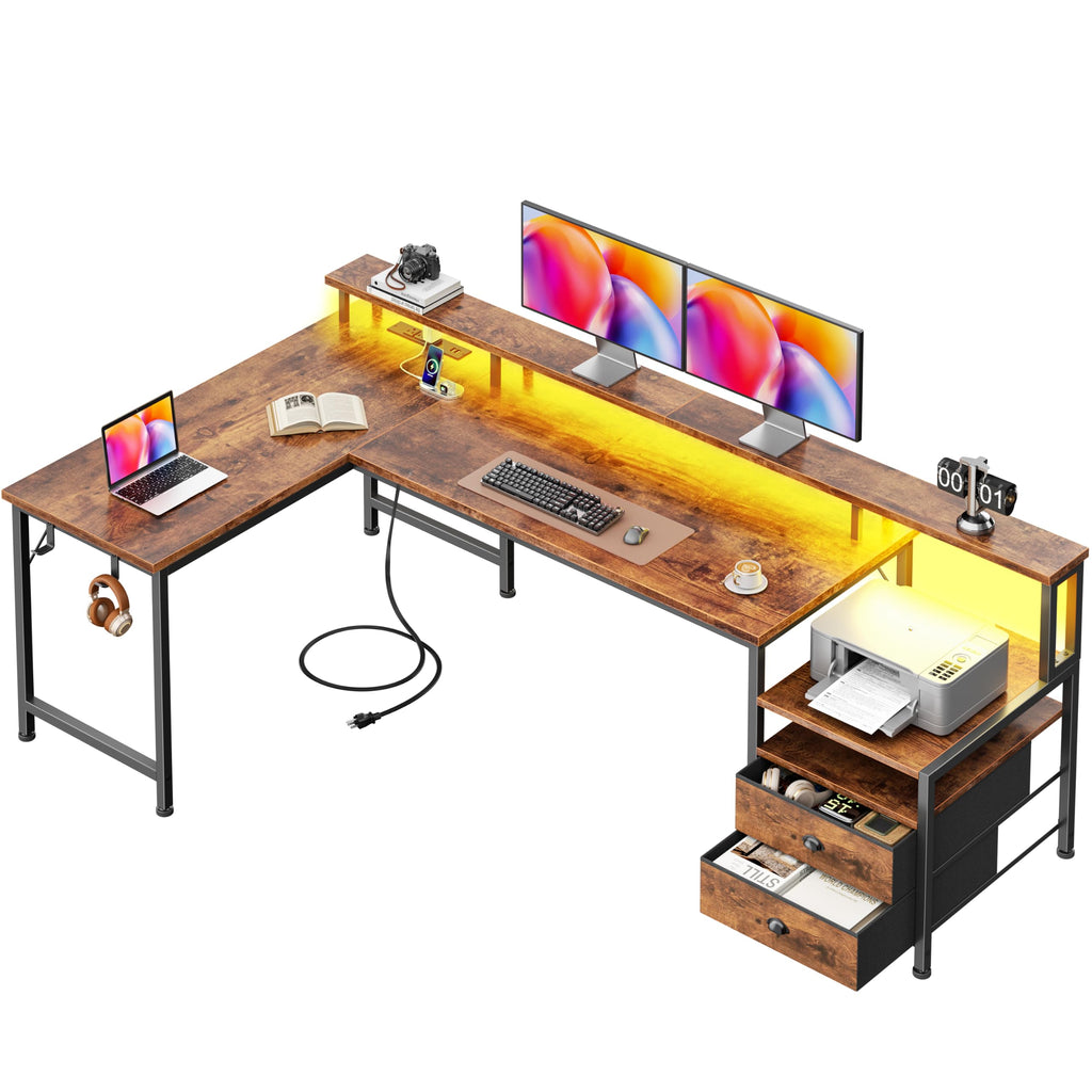 Korfile 66'' L Shaped Gaming Desk with Storage Drawers, Power Outlets, LED