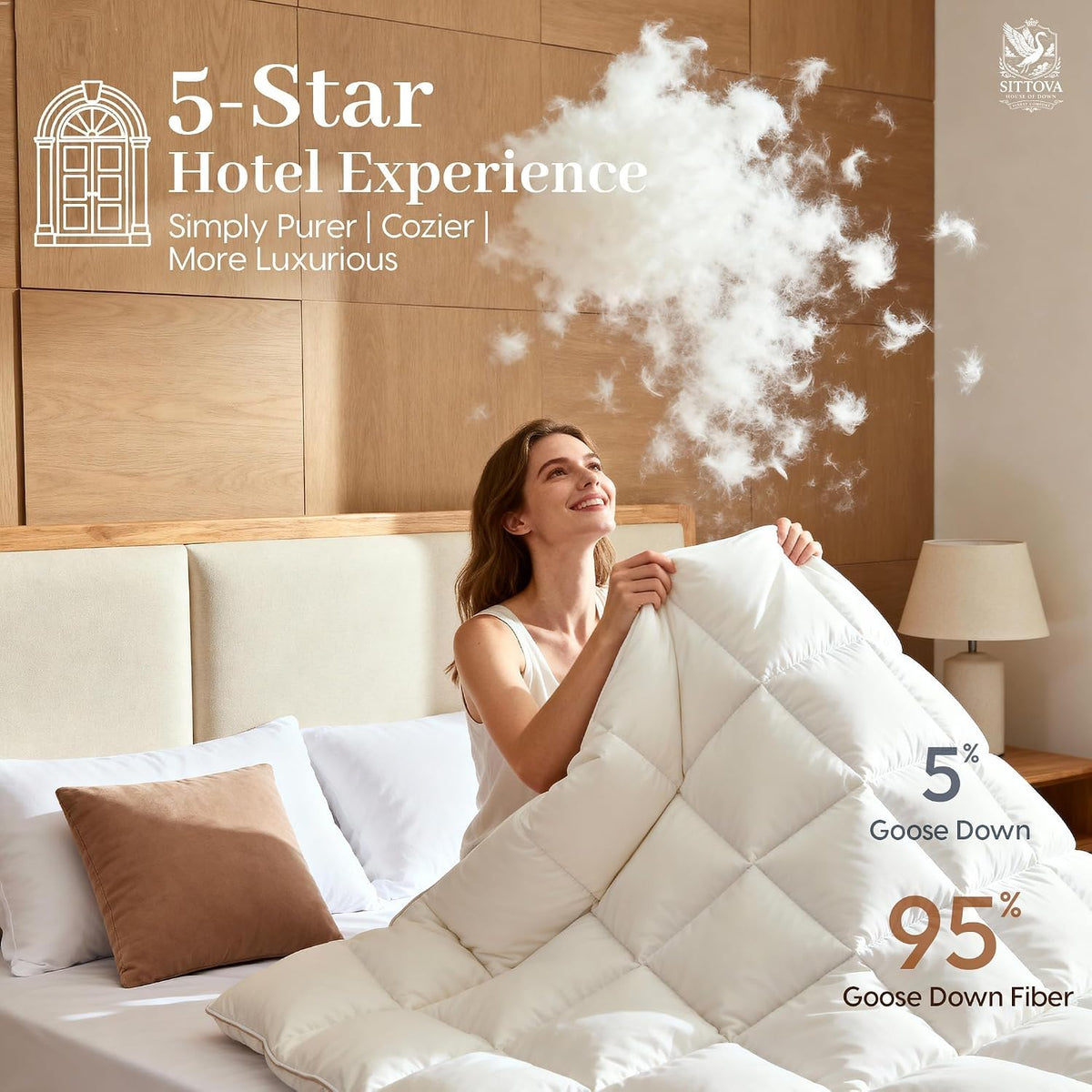 Goose Down Fiber Comforter King Size – Summer Hotel Quality Duvet Insert, High Fill Power, Ultra Soft 100% Cotton, Box-Stitched, Breathable, Lightweight Luxurious White Cooling Comforter, 90"x 106"
