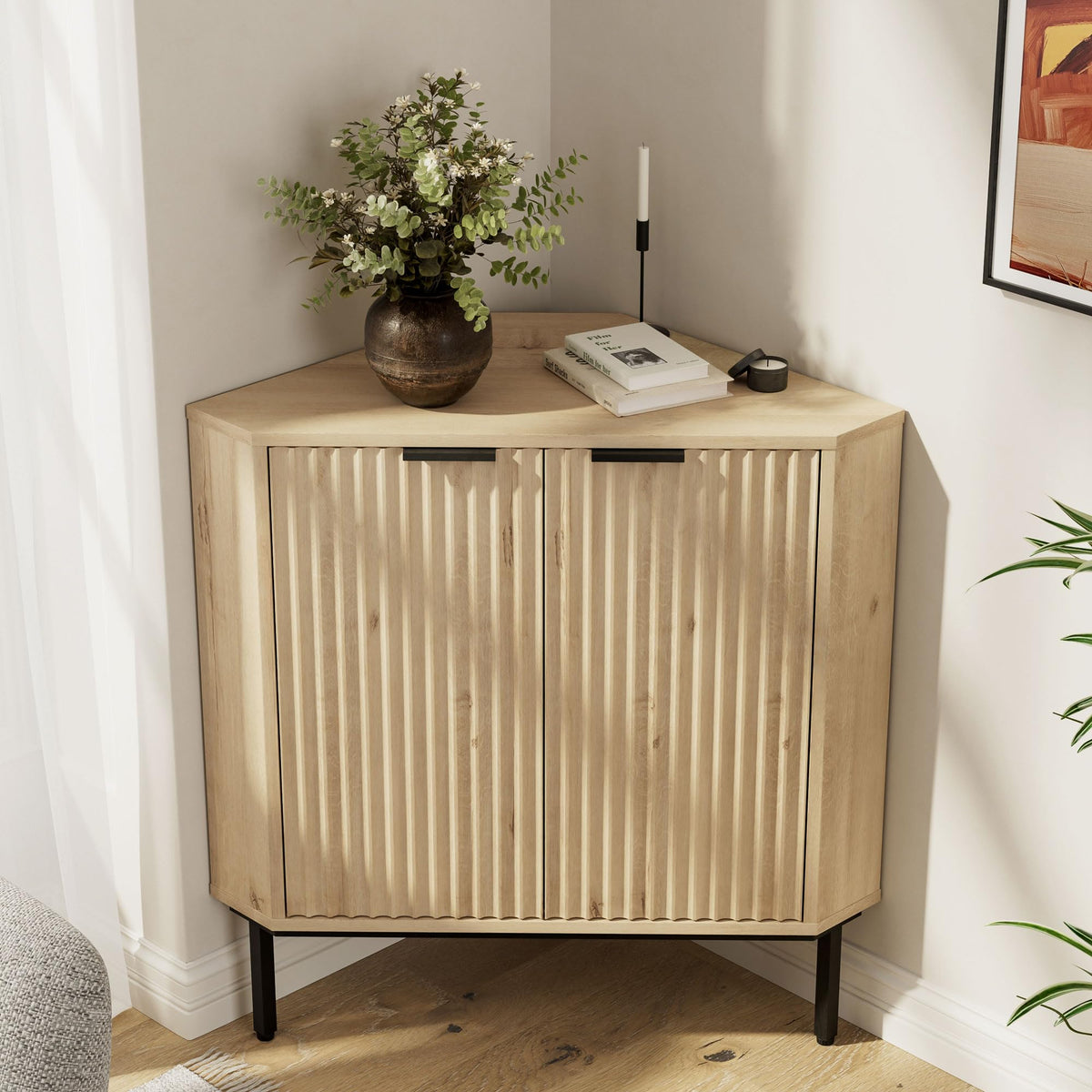 Fluted Corner Cabinet, Modern Small Floor Storage Cabinet with Adjustable Shelf, Wood Freestanding Narrow Organizer for Living Room Kitchen, Brown
