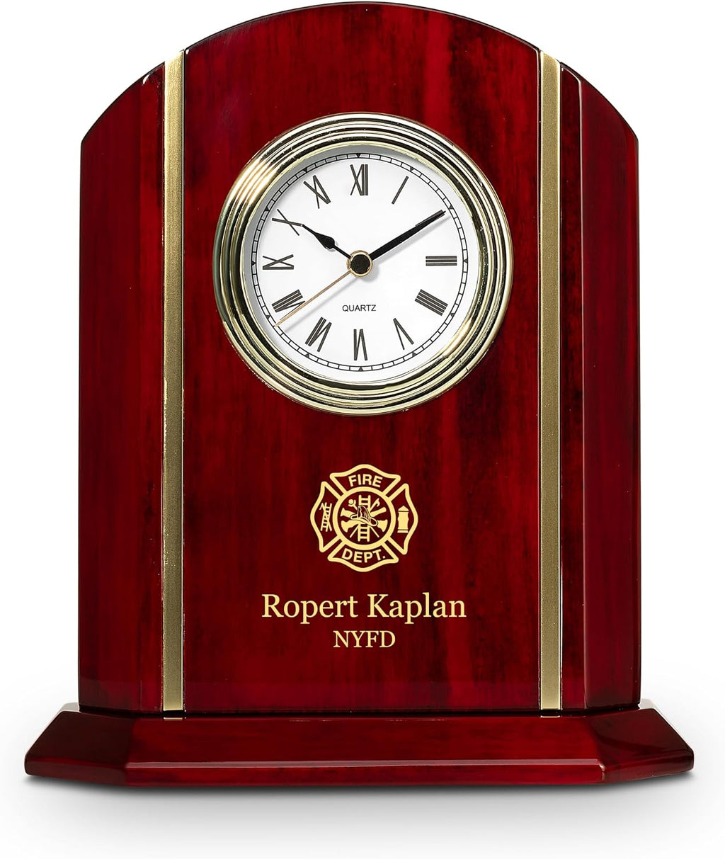 Executive Gift Shoppe | Elite Collection Firefighter Theme Personalized Rosewood Desk Clock with Gold Accents