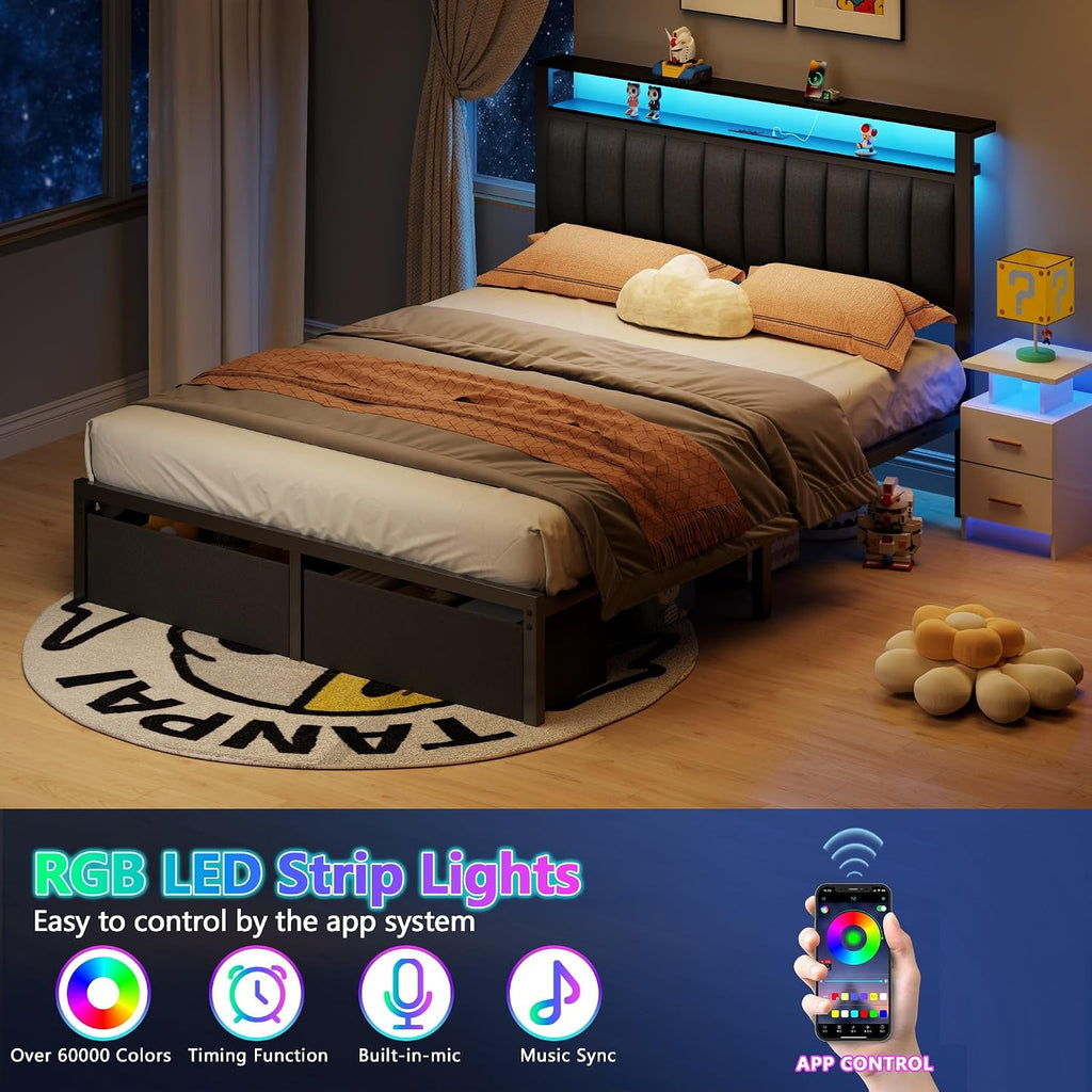 Furnulem Queen Bed Frame with Storage Drawers and Upholstered Headboard