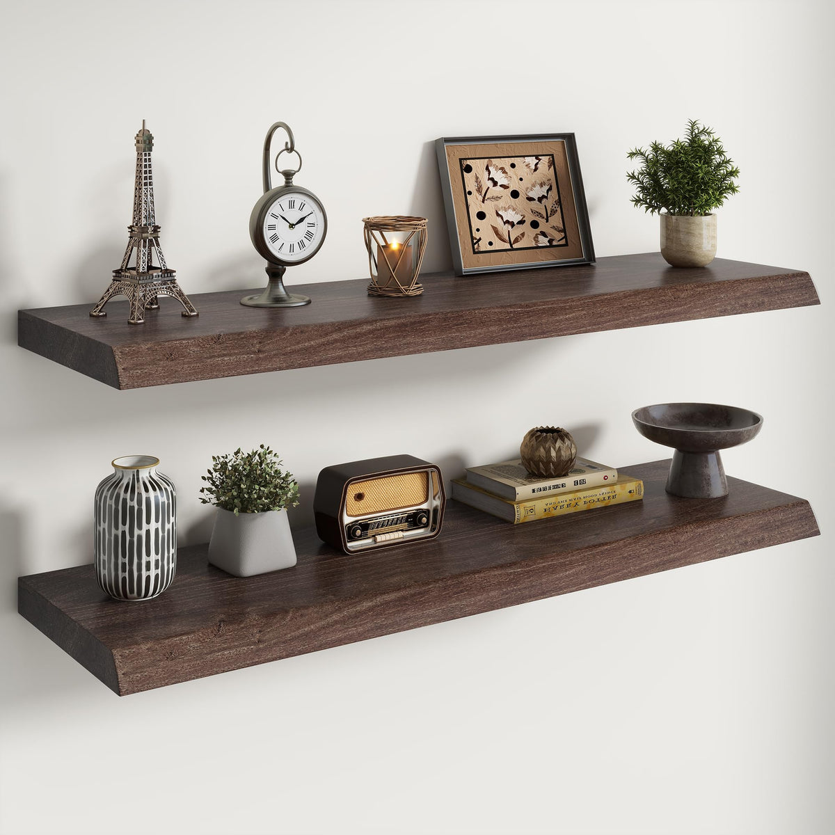 Live Edge Elm Floating Shelves - 24 In Rustic Solid Wood Shelves with Heavy-Duty Invisible Bracket, Wall-Mounted Wooden Shelf for Living Room, Bathroom, Kitchen Storage & Display, Set of 2, Natural