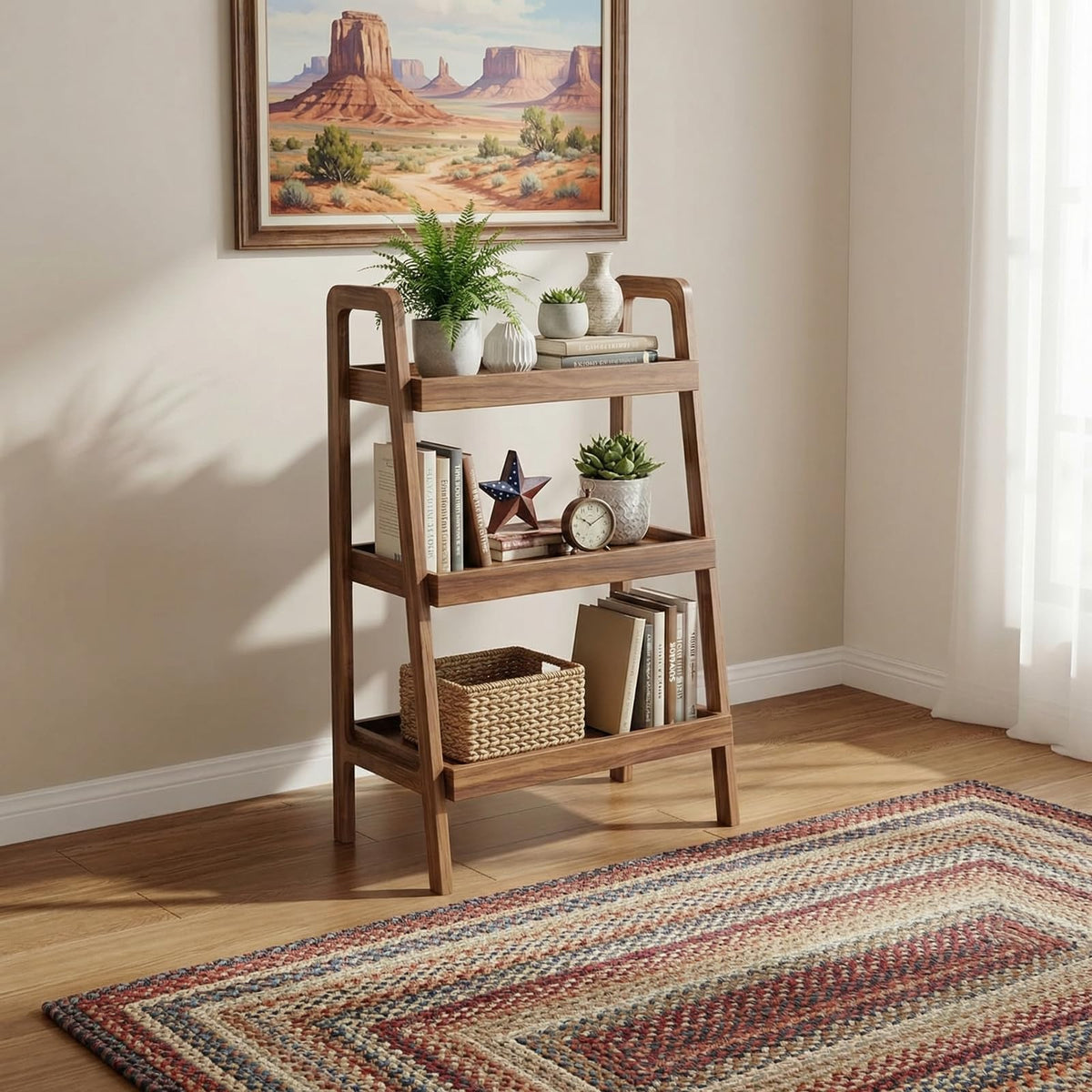 100% Solid Oak 3 Tier Ladder Shelf for Saving Space, Small Bookshelf with Stable Frame, Free Standing Ladder Shelves for Living Room Bedroom Couch, (Natural, 17.72" W x 12.6" L x 31.5" H)