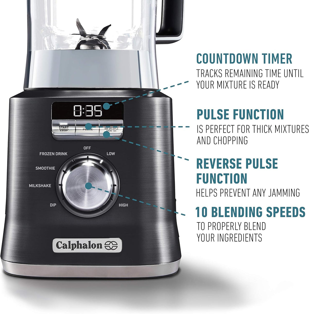 Calphalon Auto-Speed 68 Oz Blender with Blend-N-Go Smoothie Cup and BPA-free Tritan Jar | 1100-Watt Base, Dark Stainless Steel