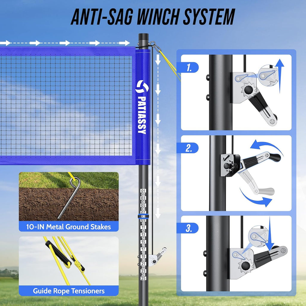 Portable Volleyball Net Set for Backyard, Adjustable Width (32/26/20FT) & Height, Anti-Sag Tension Design for Outdoor Stability, PU Volleyball with Pump, Carry Bag