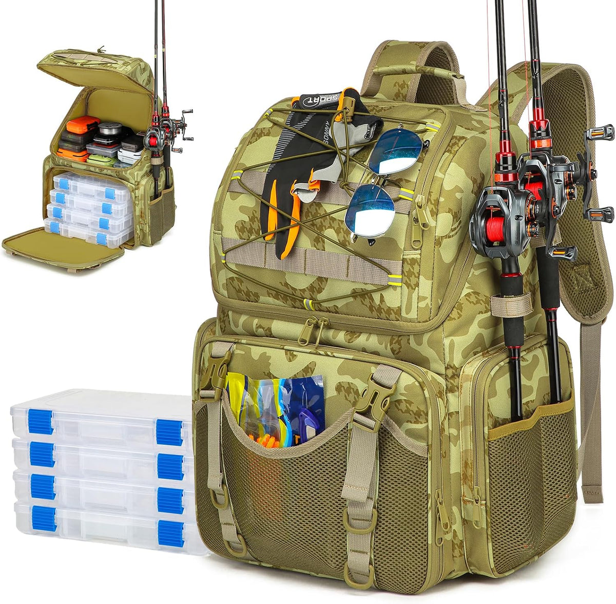 RUCYEN Fishing Backpack, 45L Large Cooler Fishing Tackle bag with Rod Holders & Rain Cover, Water-resistant Store Gear (Khaki Camo(With 4 Tackle Boxes))
