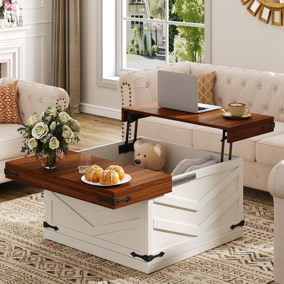 UNIQUITE 31.5'' Lift Top Coffee Table, Sliding Top Square Center Table with Large Hidden Storage Organizer, Multi-Functional Farmhouse Coffee Tables for Living Room, Bedroom, Home Office, White