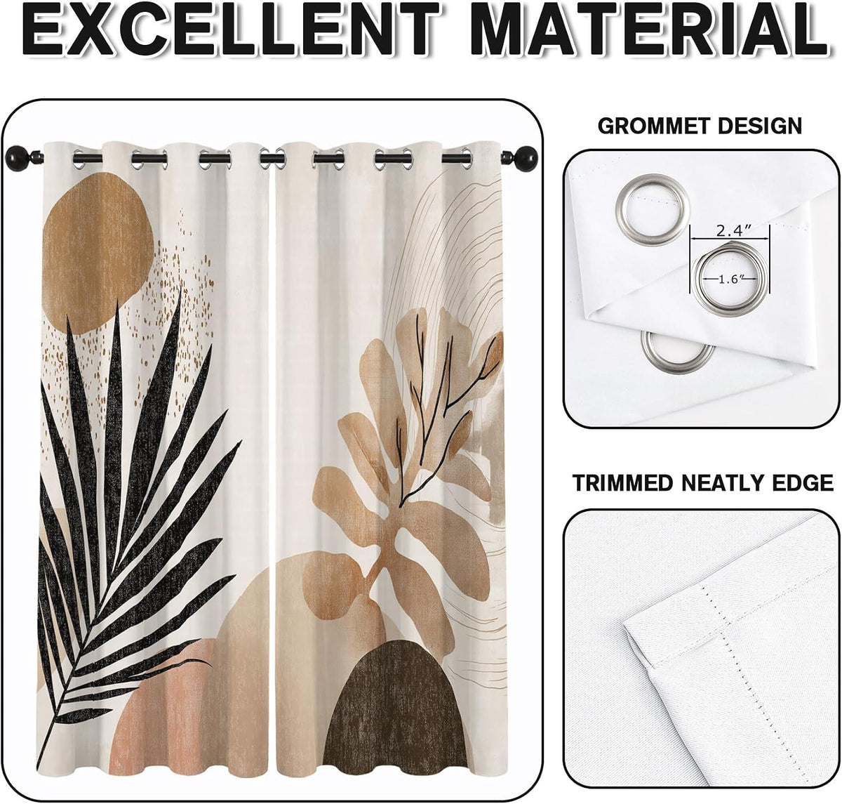Boho Mid Century Blackout Curtains, Thermal Insulated Room Darkening Grommet Drapes for Bedroom Living Room, Modern Abstract Leaf Geometric Window Treatments, 108 Inch Drapes 2 Panel Set
