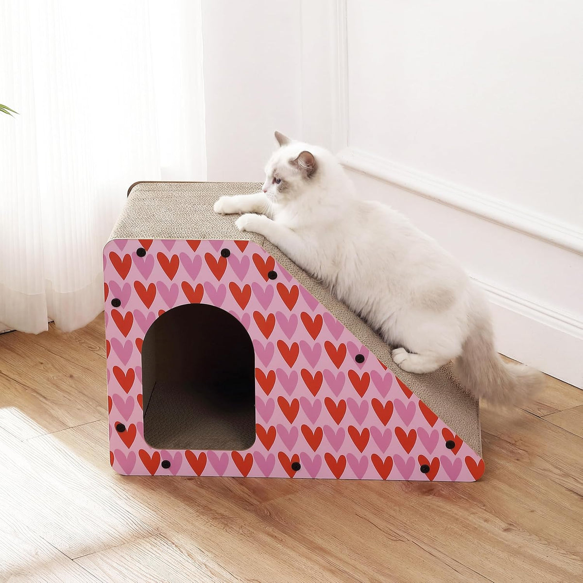Kento 23.63" Modern Cardboard Cat Cave Scratcher with Catnip, Angled Trapezoid Hideaway House and Scratching Lounge for Indoor Cats, Heart Pattern CSR1008C