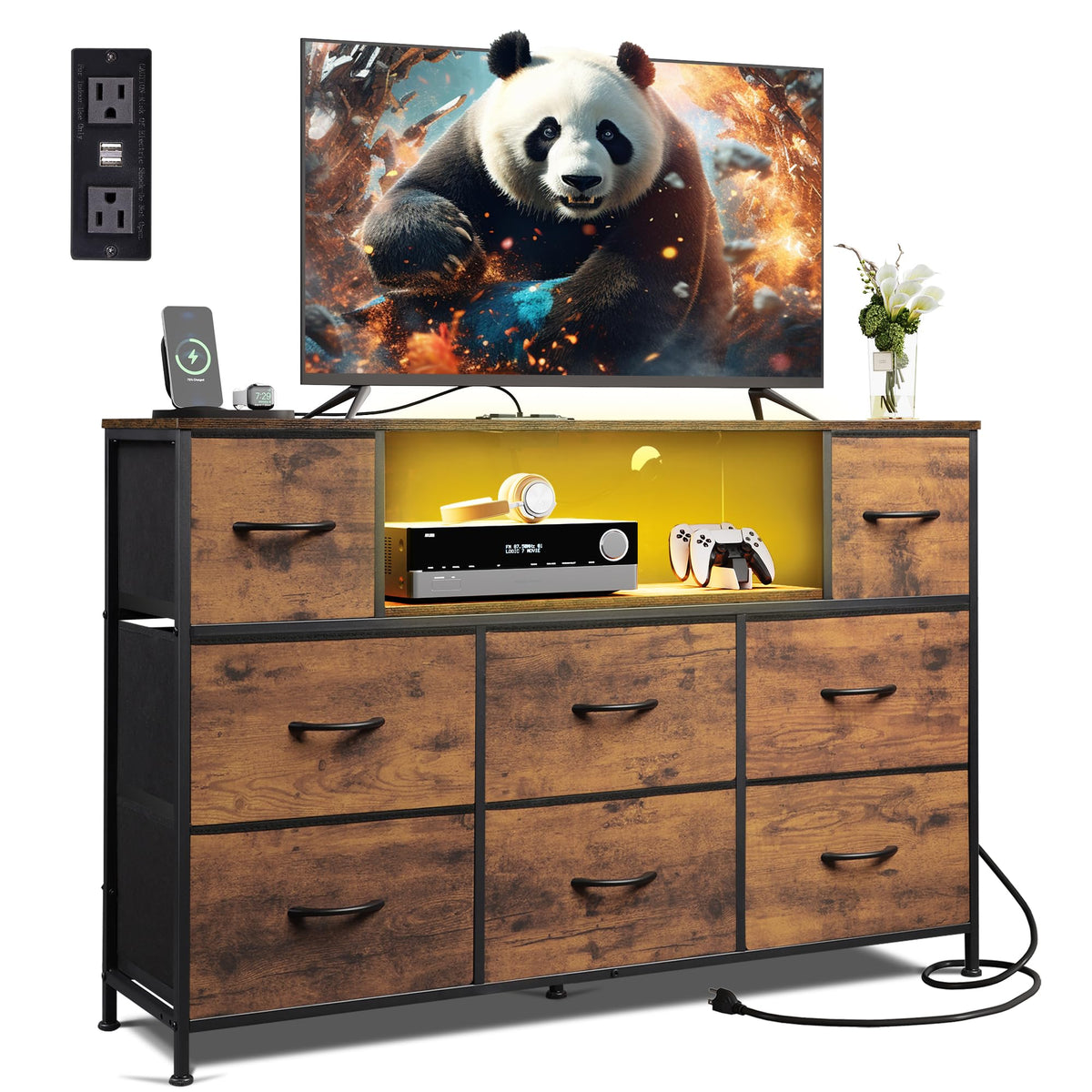 WLIVE LED Black Dresser TV Stand for 55 Inch TV, 8 Drawers
