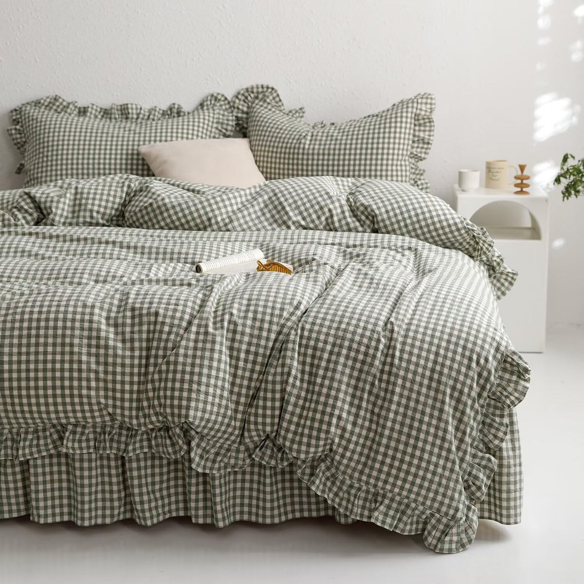 mixinni Vintage Buffalo Plaid Duvet Cover Set Queen Size - 3 Piece Washed Cotton Bedding Set with Grid Pattern, Soft & Breathable Duvet Cover with Pillowcases for All Seasons,(Brown & Blue,Beige)