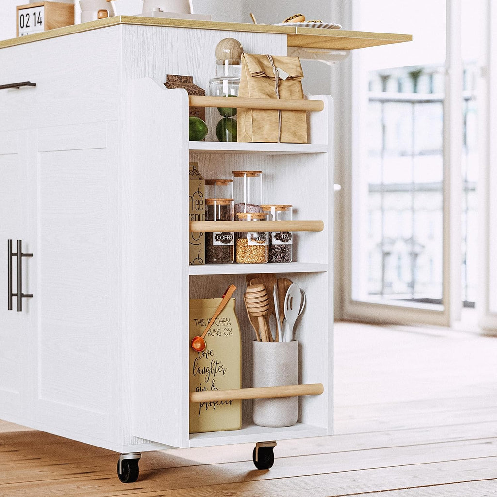 IRONCK Kitchen Island with Storage, Charging Station and Drop Leaf, White