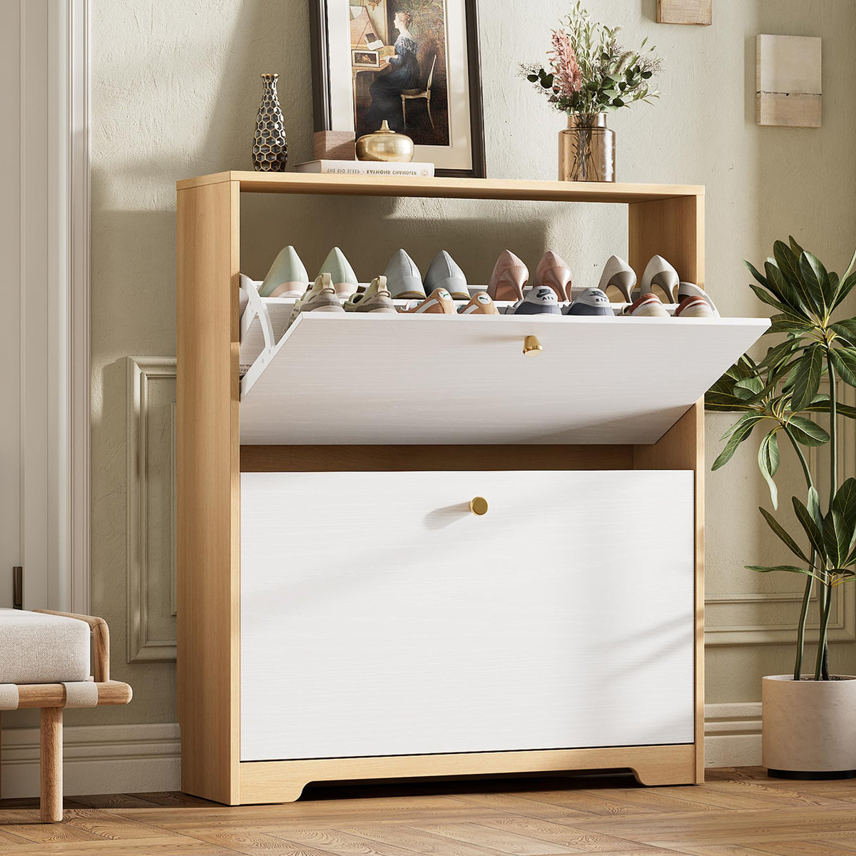 Nicetree Shoe Cabinet with 3 Flip Drawers, Narrow Shoe Organizer Cabinet, Freestanding Shoe Rack Cabinet, Modern Shoe Storage Cabinet for Entryway, Hallway, Foyer, White
