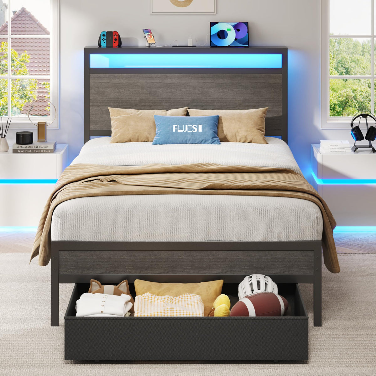 Fluest Twin Bed Frame,Twin Bed Frame with Storage Headboard & Storage Drawer, Charging Station & LED Light, No Box Spring Needed, Noise Free, Easy Assembly, Classic Black