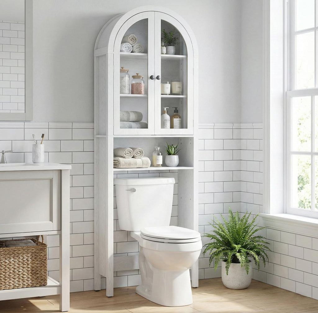 Arched Over The Toilet Storage Cabinet with Fluted Doors, Bathroom Shelf