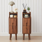 Narrow Nightstand Set of 2, Wood 2 Drawer Small Nightstand, Slim Side Table, Modern Skinny End Bedside Table, Natural Wood Night Stand with Drawers for Bedroom (Walnut-2 pcs)
