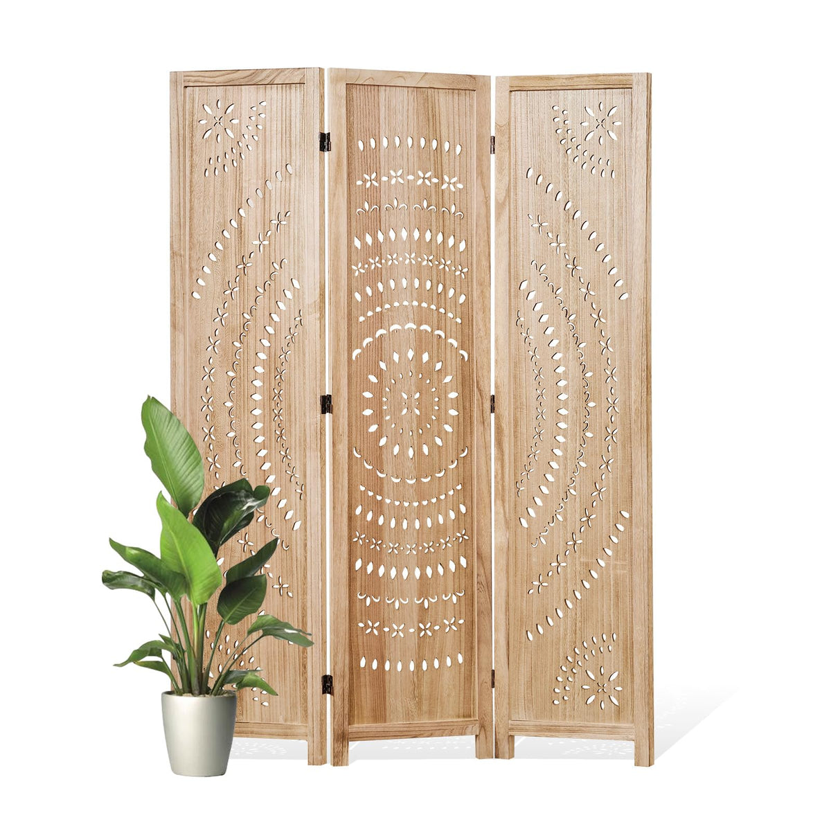 66.9Inch Folding Room Divider, 3 Panels Wood Carved Privacy Screens, Free Assembled Freestanding Partition for Home Office Restaurant Bedroom (Natural)