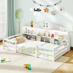 GIANTEX Twin Floor Bed with Fence for Kids, Wooden Montessori Bed Frame with Lockable Door & Guardrails, Low Floor Beds for Kids, Boys, Girls, No Box Spring Needed, Without Wood Slats, White